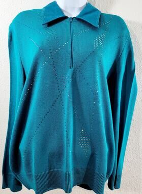 VTG Philippe Marques Teal Blue Green 1/4 Zip Rhinestone Sweater Top 16 Soft